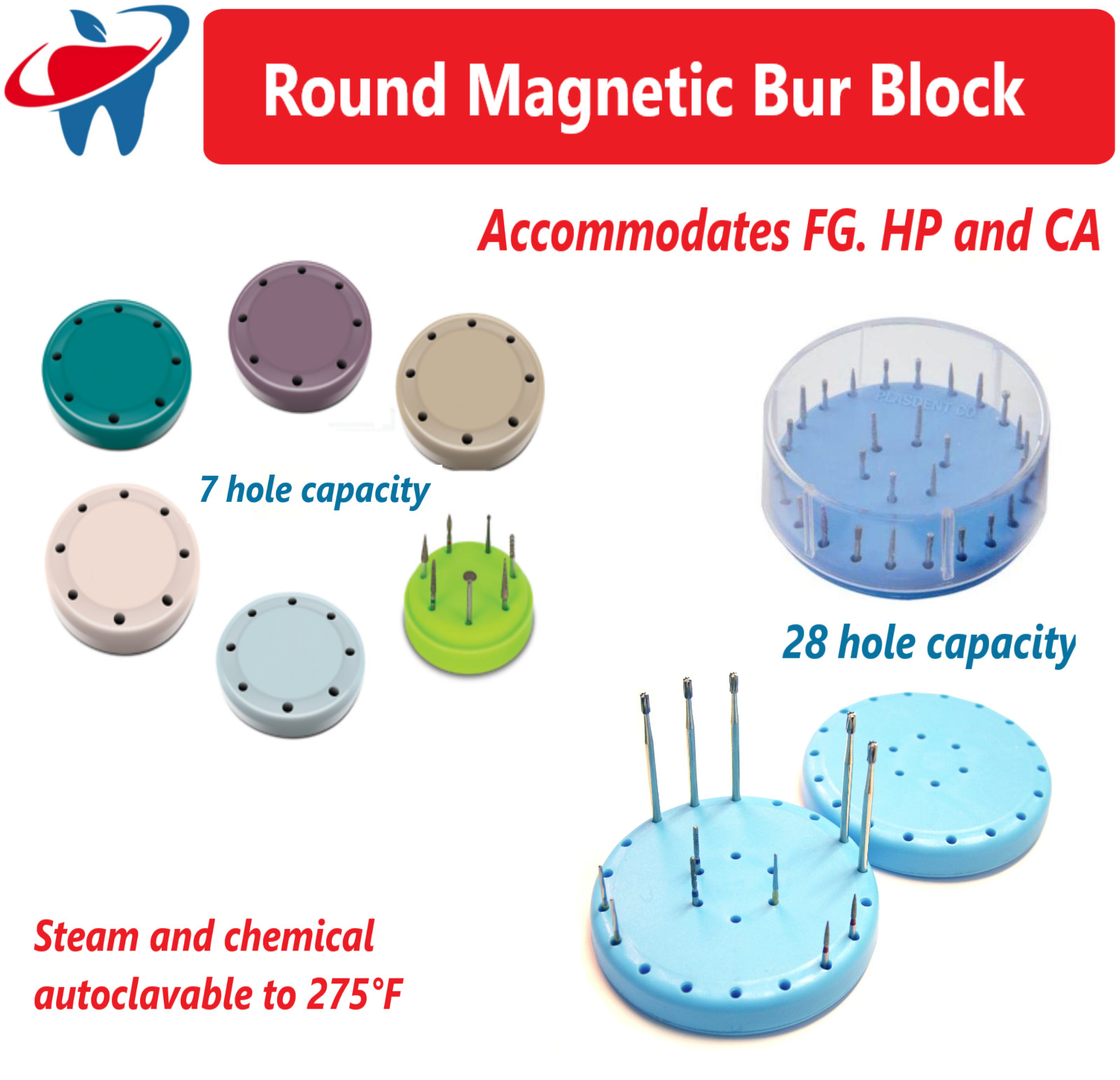 Dental Lab Magnetic Round Bur Block Holder Station with Cover, 7 Hole / 28 Hole