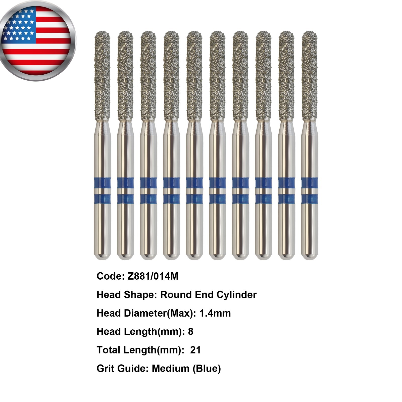 Dental Zirconia Diamond Burs Round End Cylinder Burr Z881/014M FG Medium Grit
