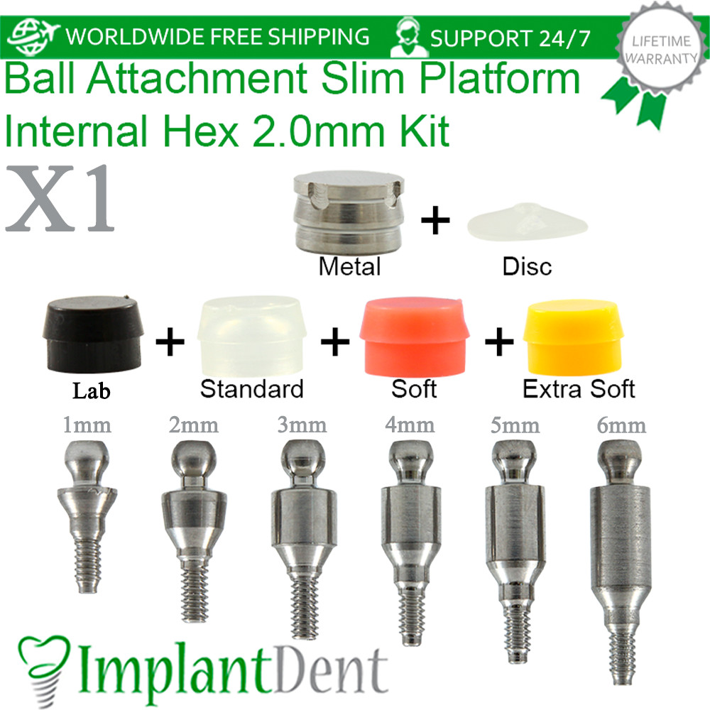 1x Dental Ball Attach ment Slim Platform Premium Kit Internal Hex 2.0mm Silicone