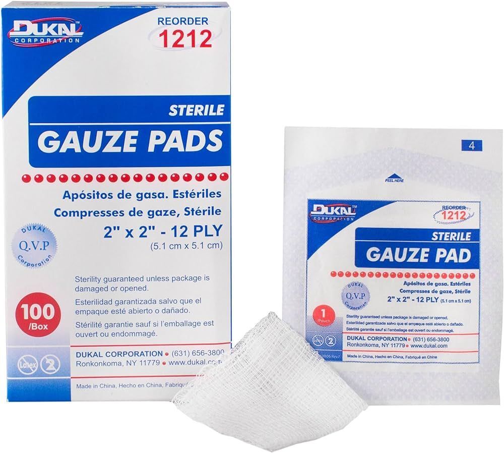 Dukal 2″ x 2″ 12-ply Sterile Gauze Pads, 100% Woven Cotton, 100 Pads