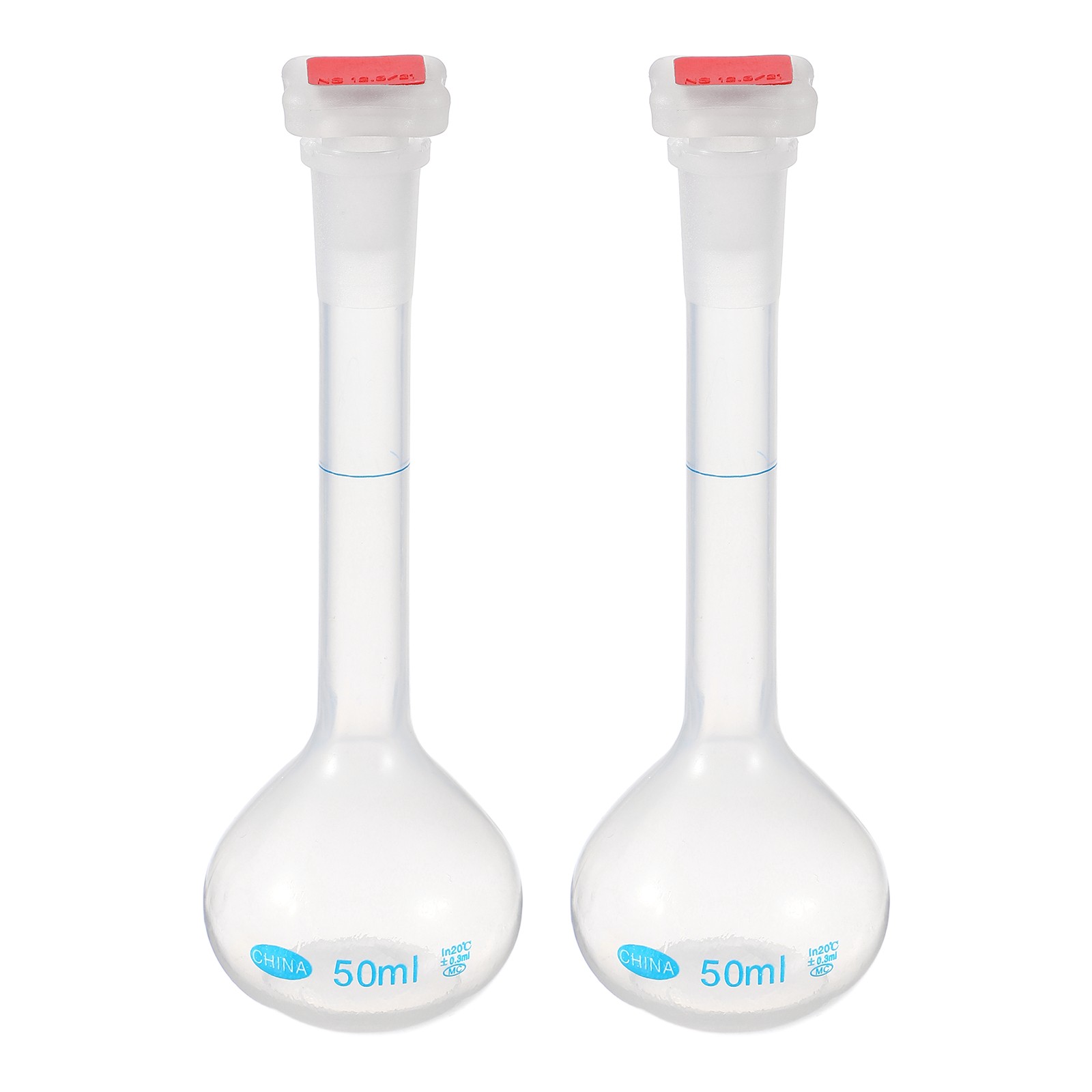 2Pcs 50ml Polypropylene Graduated Volumetric Flask with Red Cap Tolerance 0.3ml