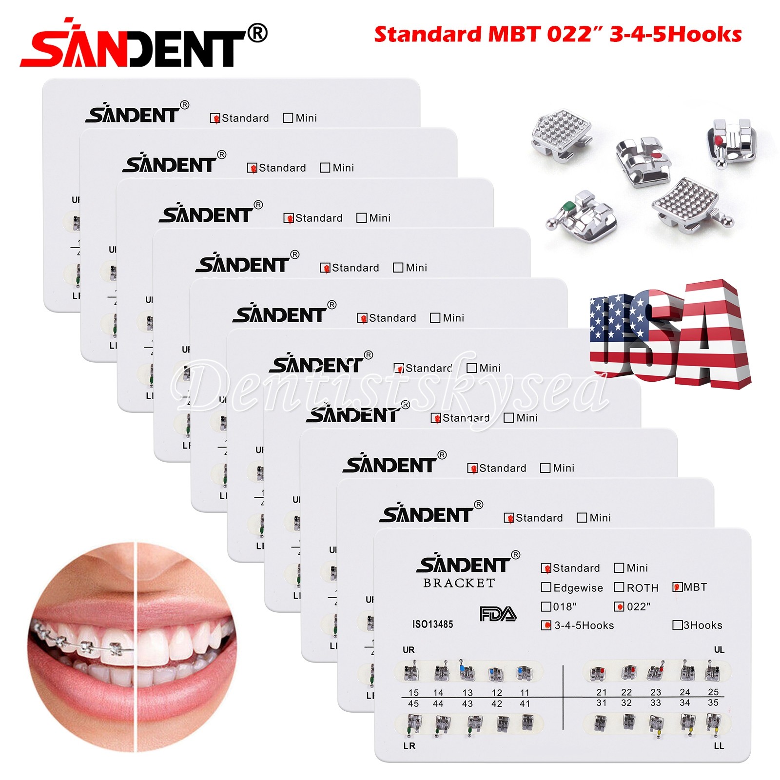10Packs Dental Orthodontic Brackets Metal Braces Standard MBT 022 Hooks 3-4-5
