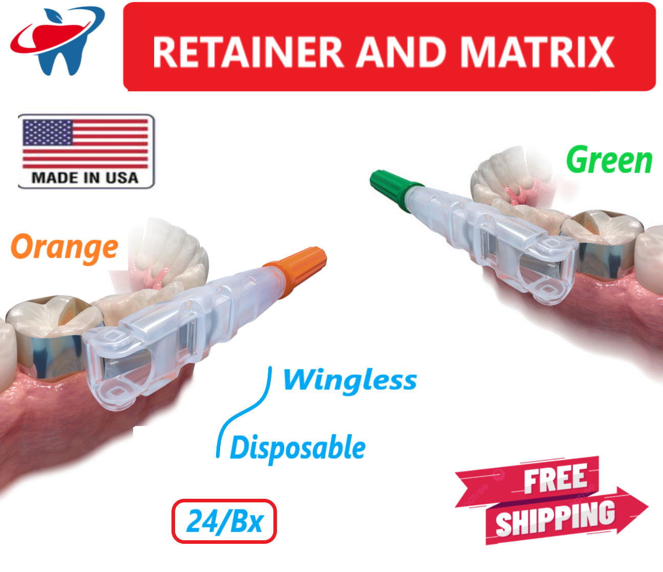 Dental RETAINER & MATRIX 6.22MM, Orange / Green, Wingless, Disposable, 24/Bx