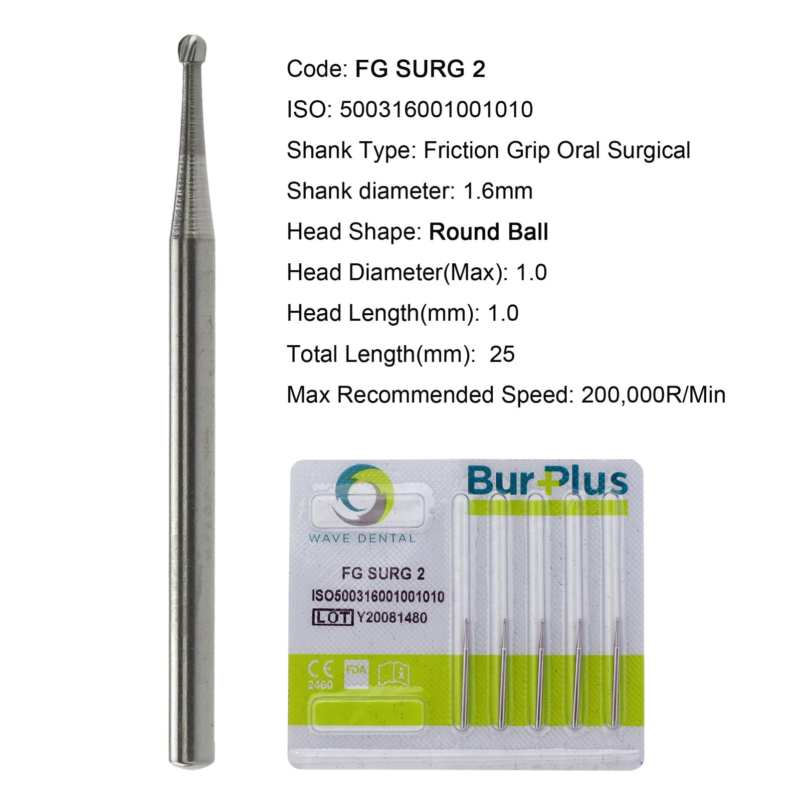 Wave Dental Round Carbide Bur Surgical FG SURG 2 25mm Length High Speed FGOS