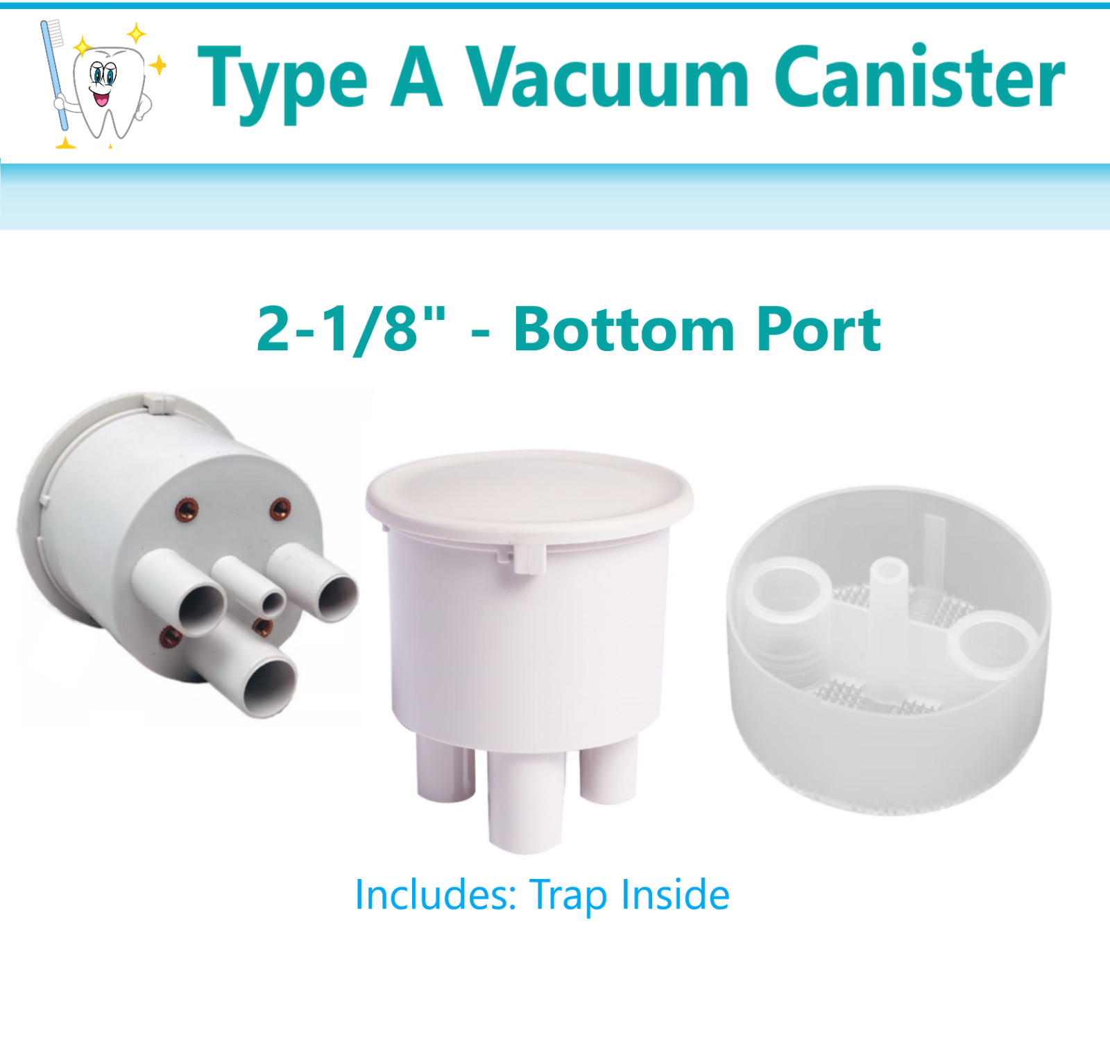 Dental 2-1/8″ Type A Vacuum Canister – Bottom Port Twist Lid Vacuum Evac Trap