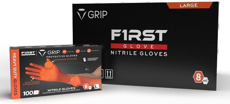 First Gloves Orange Nitrile Gloves, XLarge – Box of 100 8 Mil Diamond-Textured
