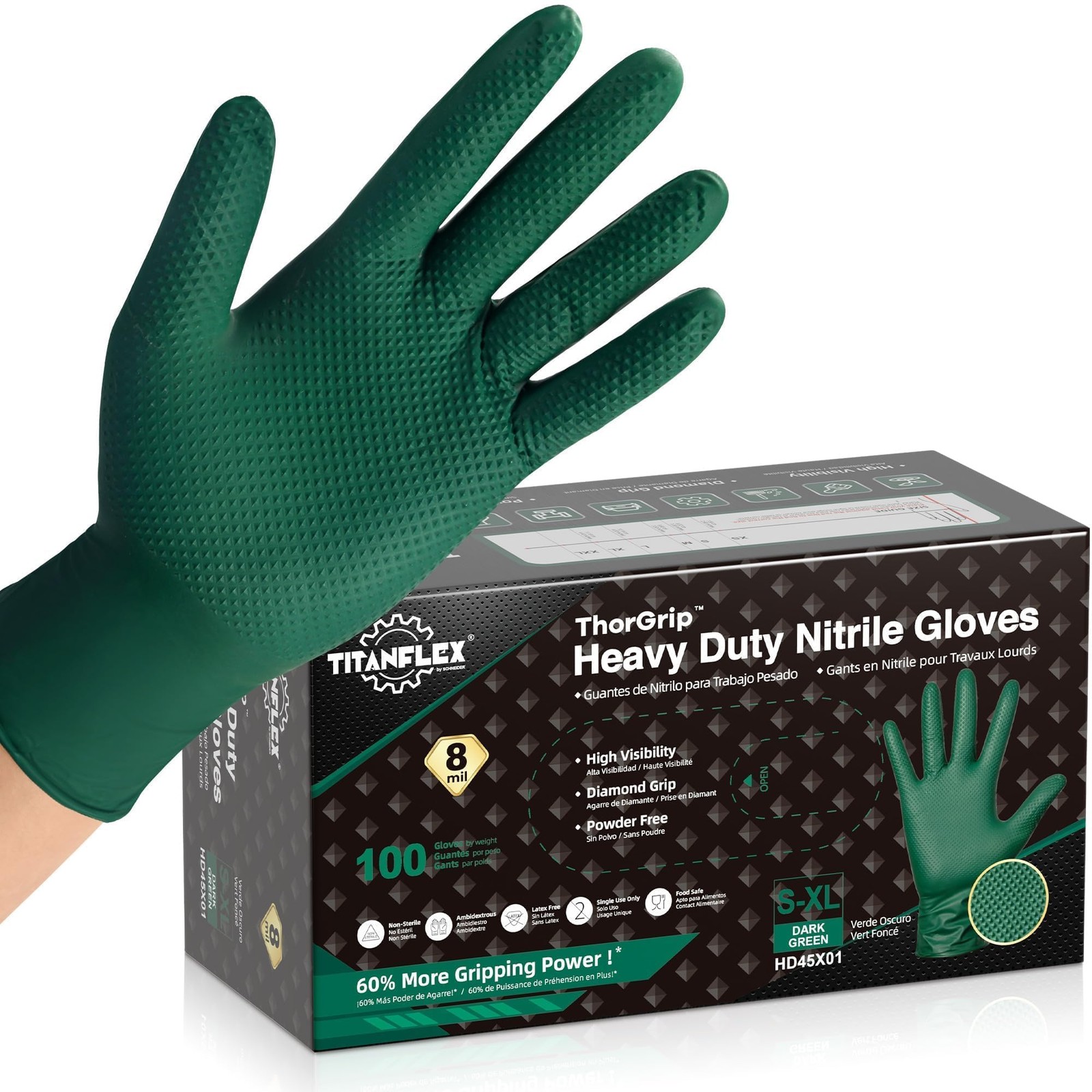 Heavy Duty 8 Mil Nitrile Gloves, Dark Green Raised Diamond Grip, Industrial D…