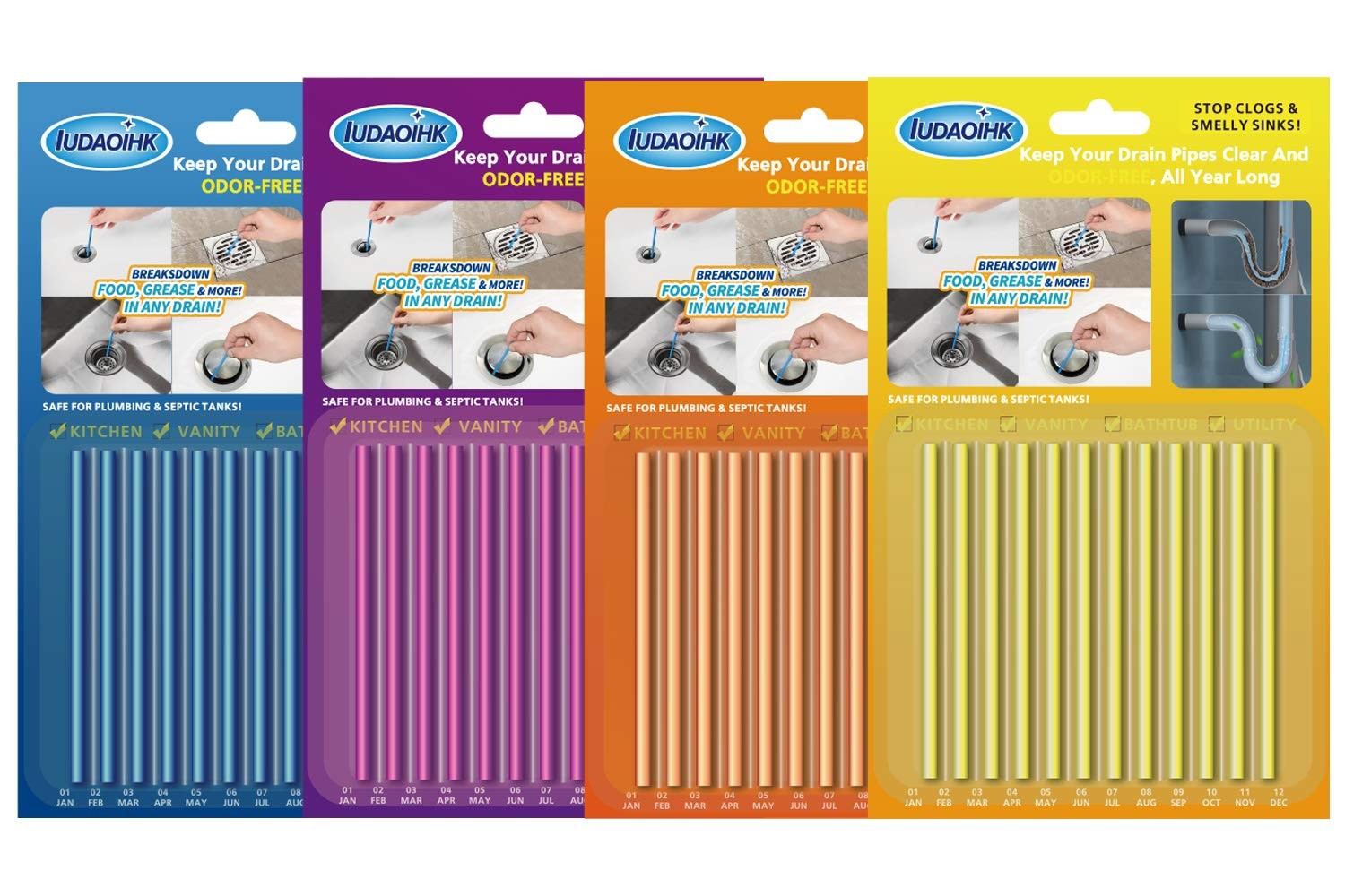 IUDAOIHK Drain Sticks Sink 12 Count (Pack of 4), Yellow, orange, purple, blue