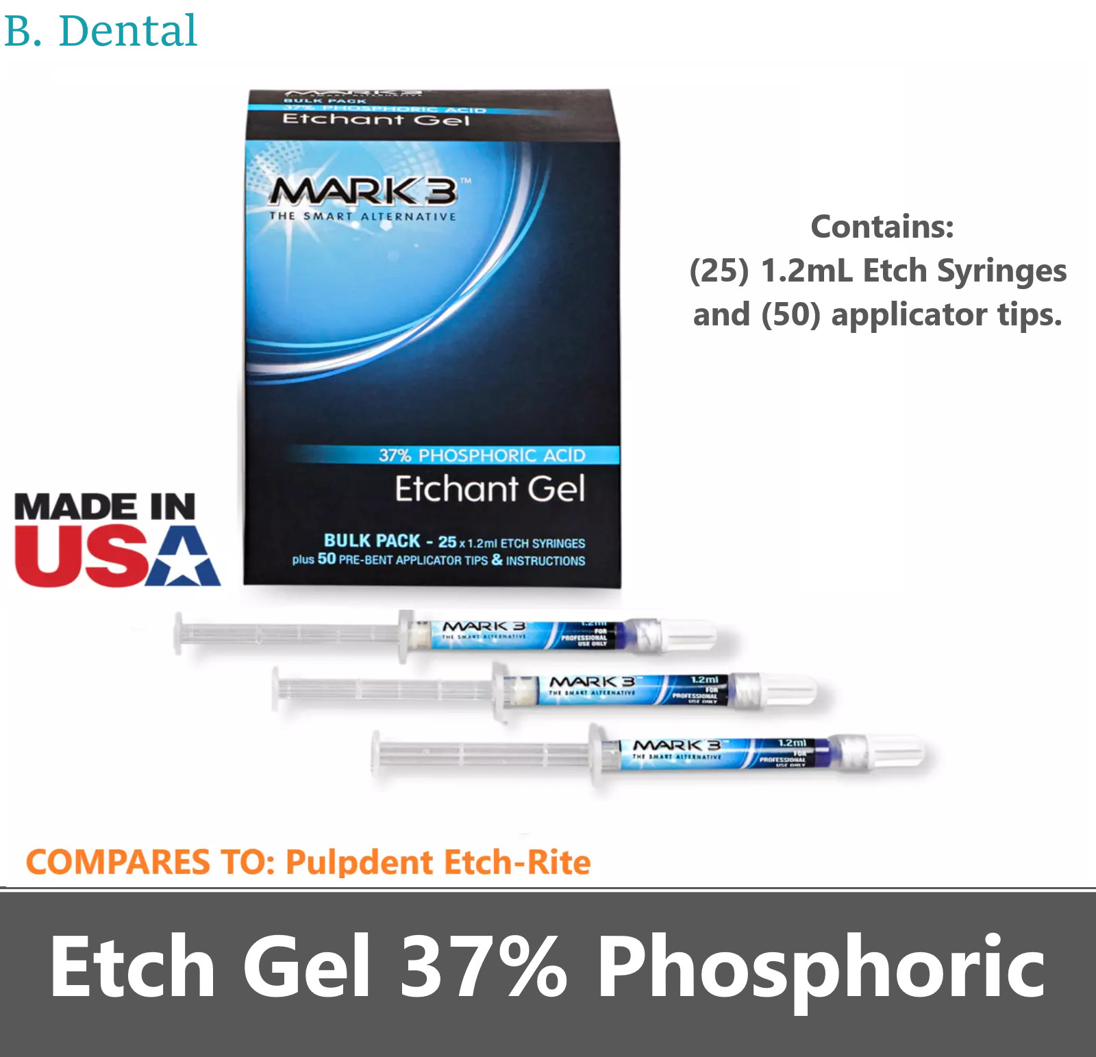 Dental Acid Etching Gel 37% Phosphoric Etchant Gel (25×1.2ml. Syr. & 50 Tips)