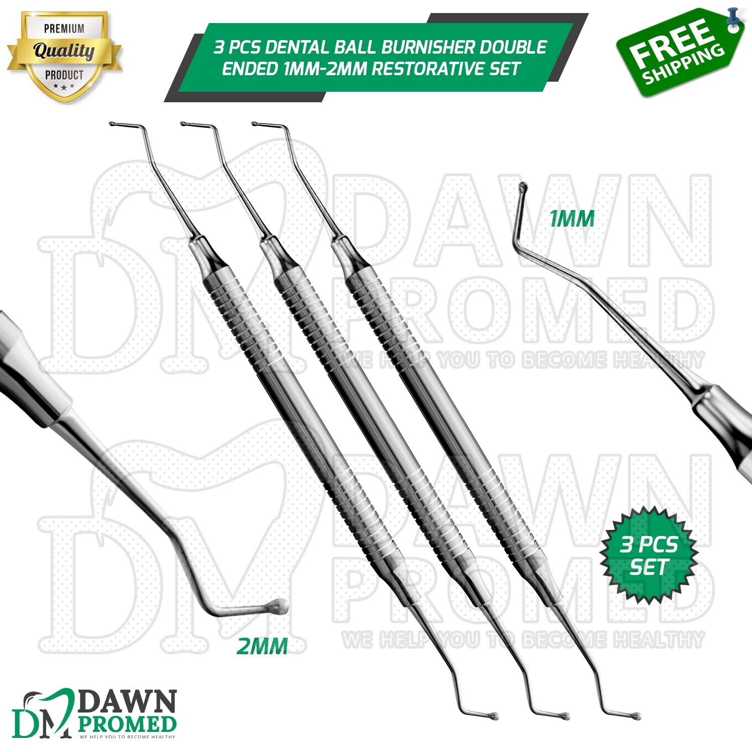 3 Pcs Dental Ball Burnisher Double Ended 1mm-2mm Restorative Amalgam Filling Set