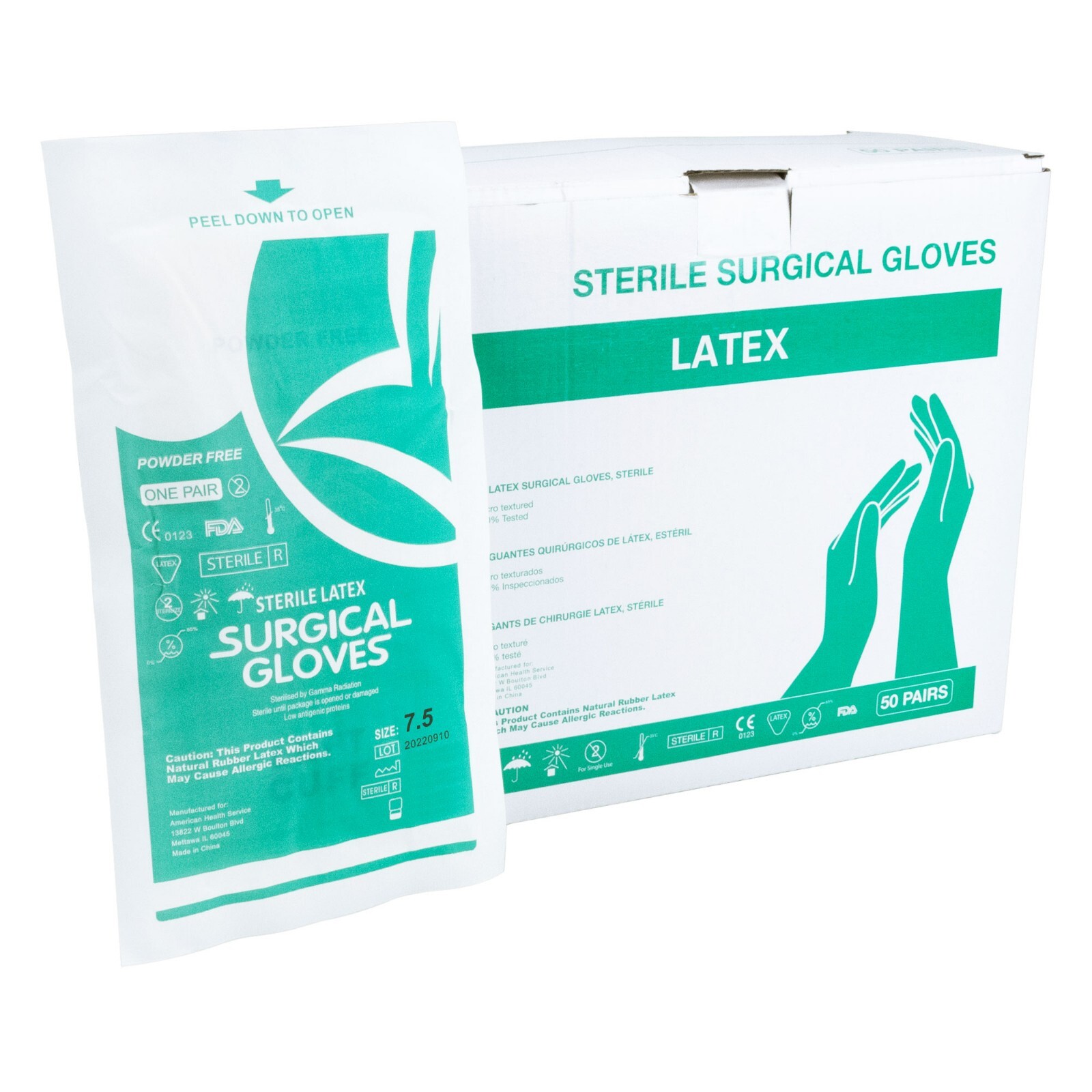 Sterile Latex Surgical Gloves, Size 7.5, Powder-Free, 50 Pairs/Box